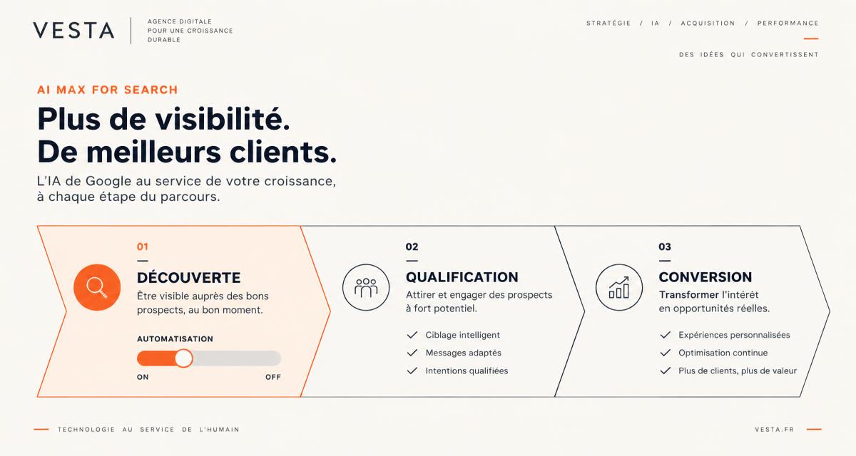 Schéma illustrant l'impact d'AI Max for Search sur les étages du tunnel marketing